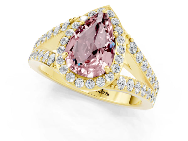 Yellow gold Pear Cut Morganite Split Shank Halo Ring with Four-Prong Setting