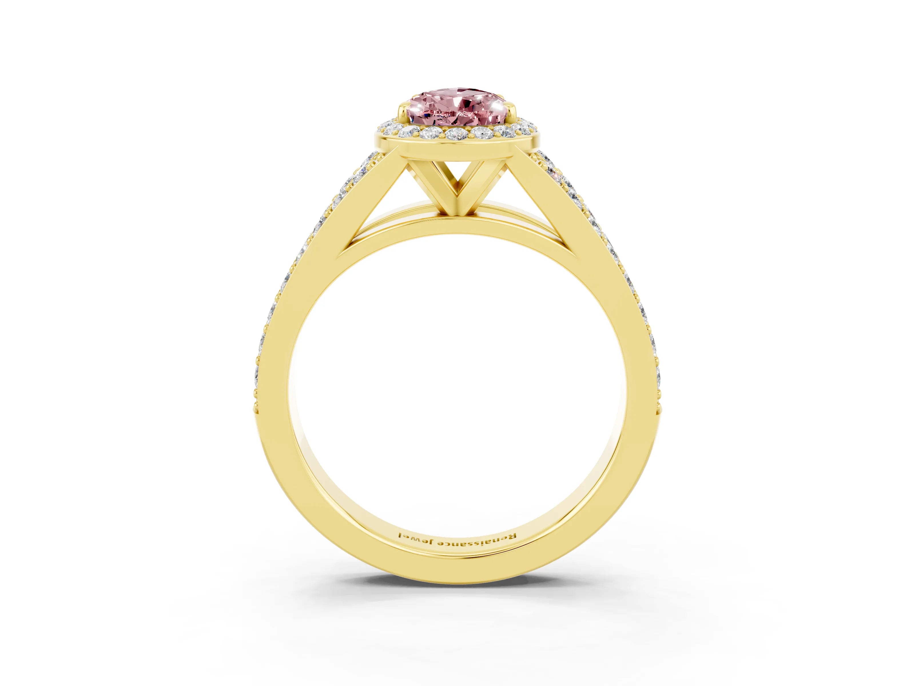 Yellow gold Pear Cut Morganite Split Shank Halo Ring with Four-Prong Setting_15