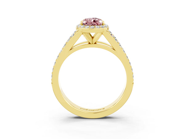Yellow gold Pear Cut Morganite Split Shank Halo Ring with Four-Prong Setting