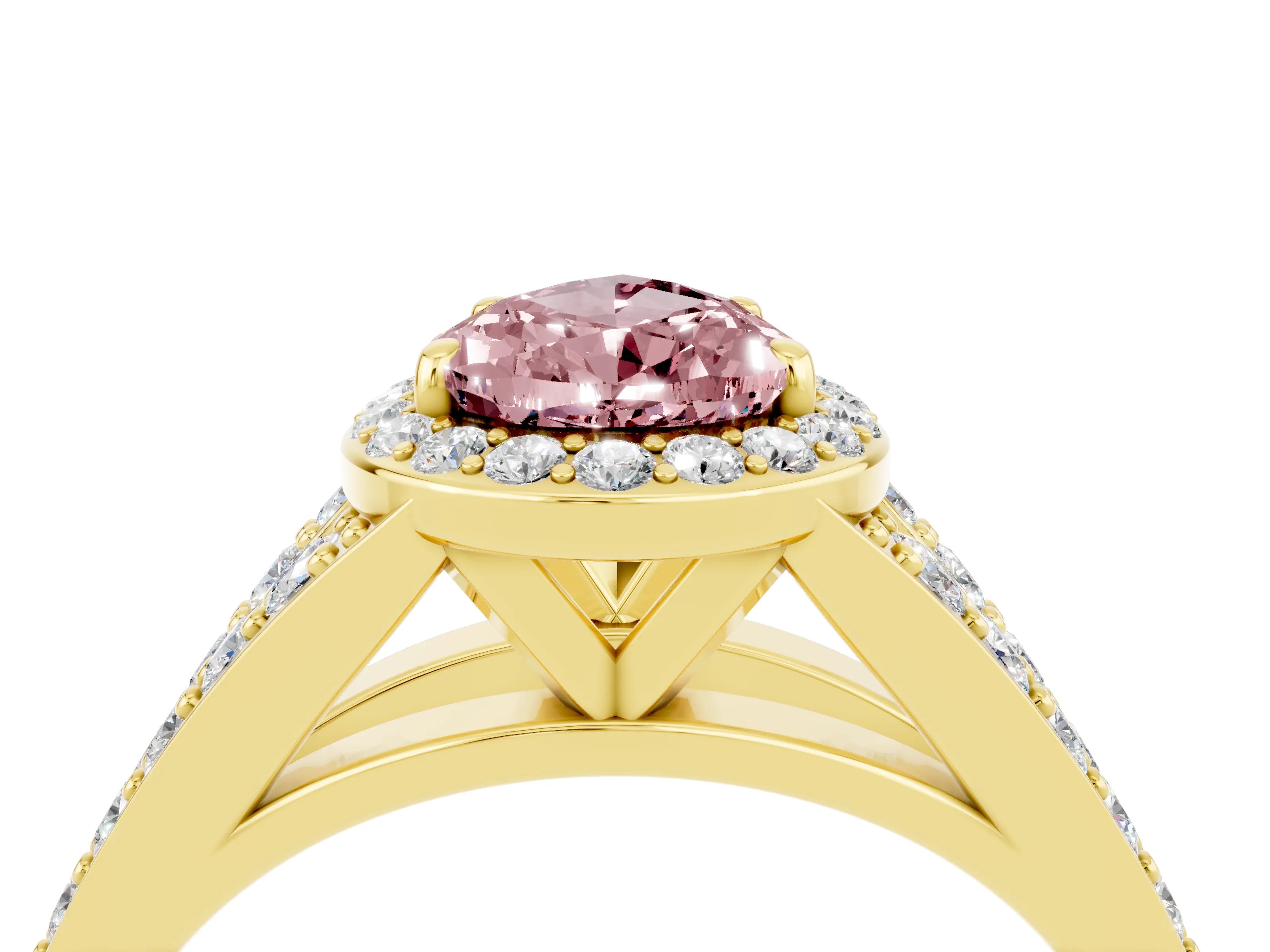 Yellow gold Pear Cut Morganite Split Shank Halo Ring with Four-Prong Setting_16