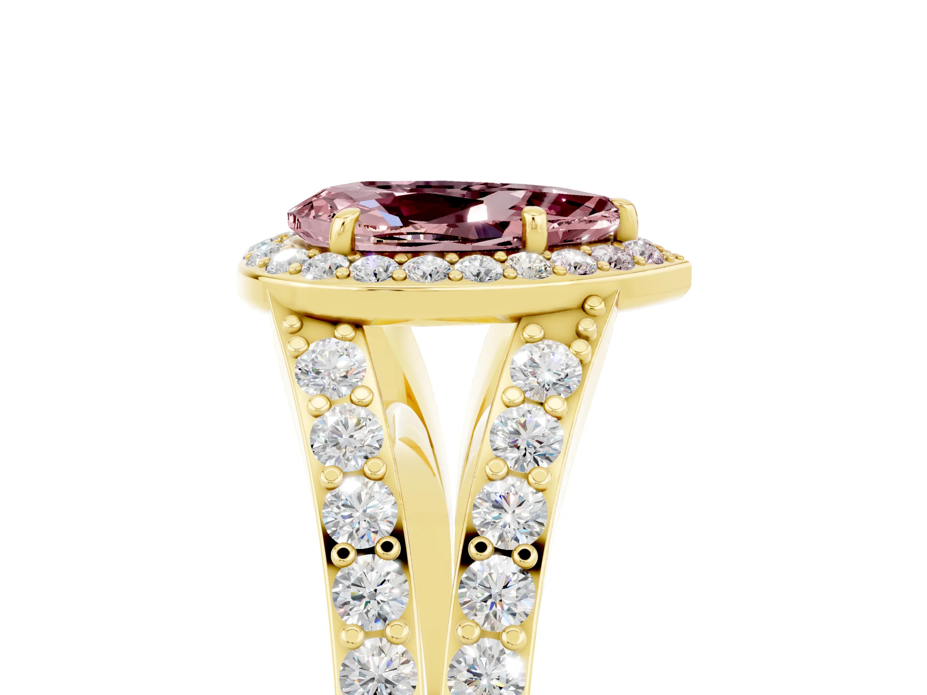 Yellow gold Pear Cut Morganite Split Shank Halo Ring with Four-Prong Setting_17