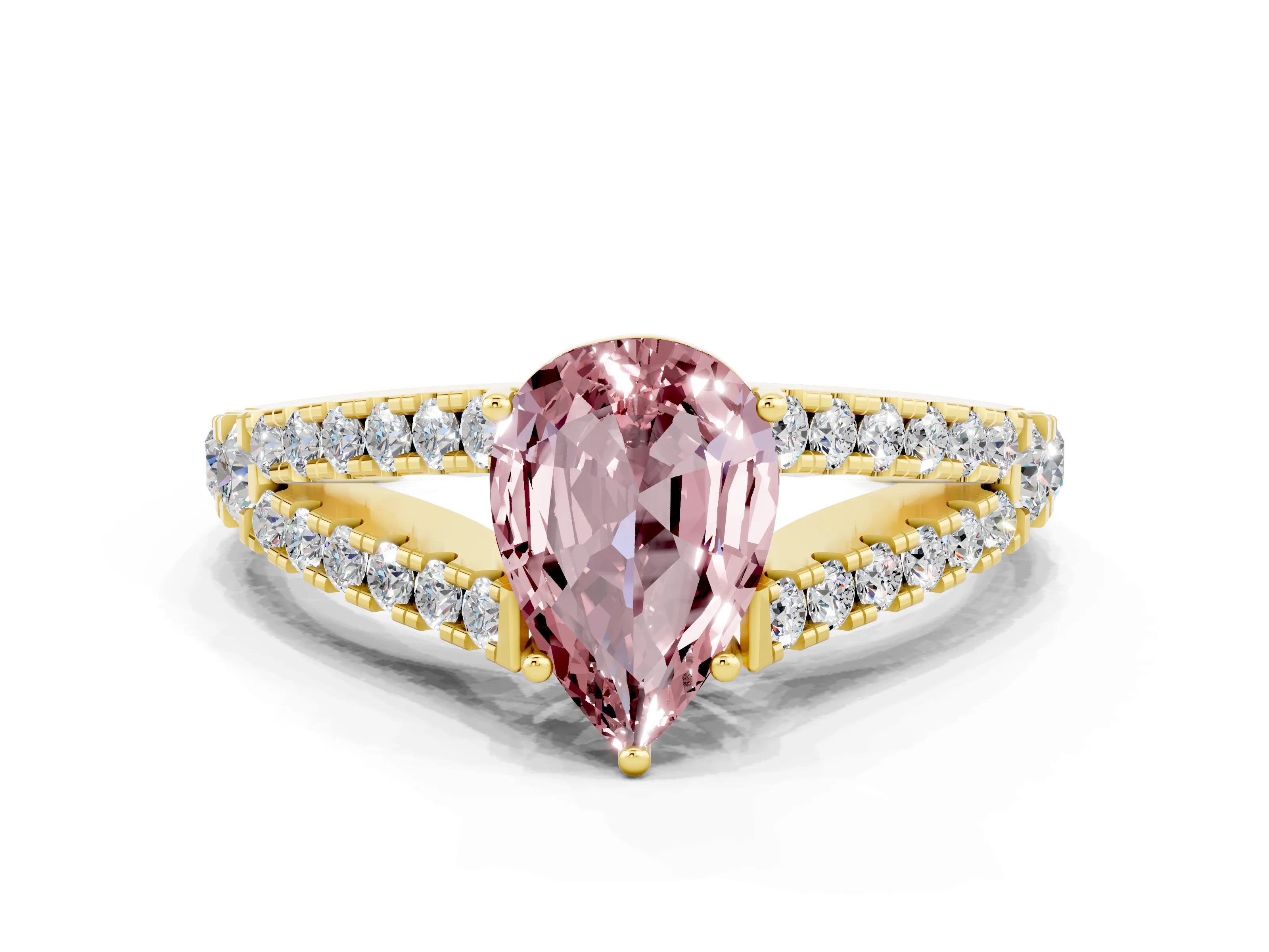 Yellow gold Pear Cut Morganite Split Shank Pavé Engagement Ring with Four-Prong Setting_12
