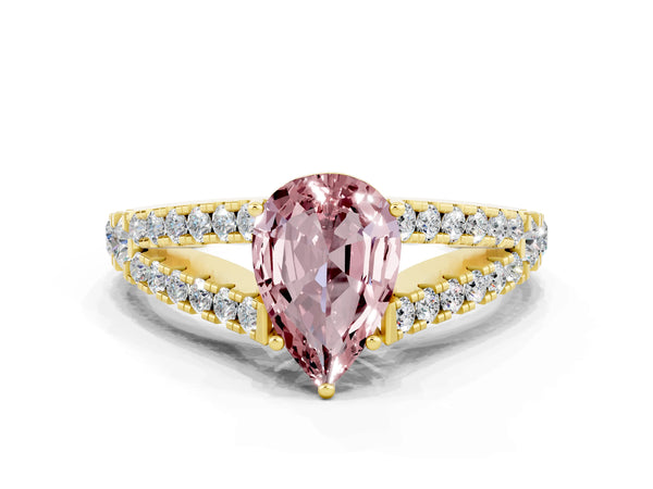 Yellow gold Pear Cut Morganite Split Shank Pavé Engagement Ring with Four-Prong Setting