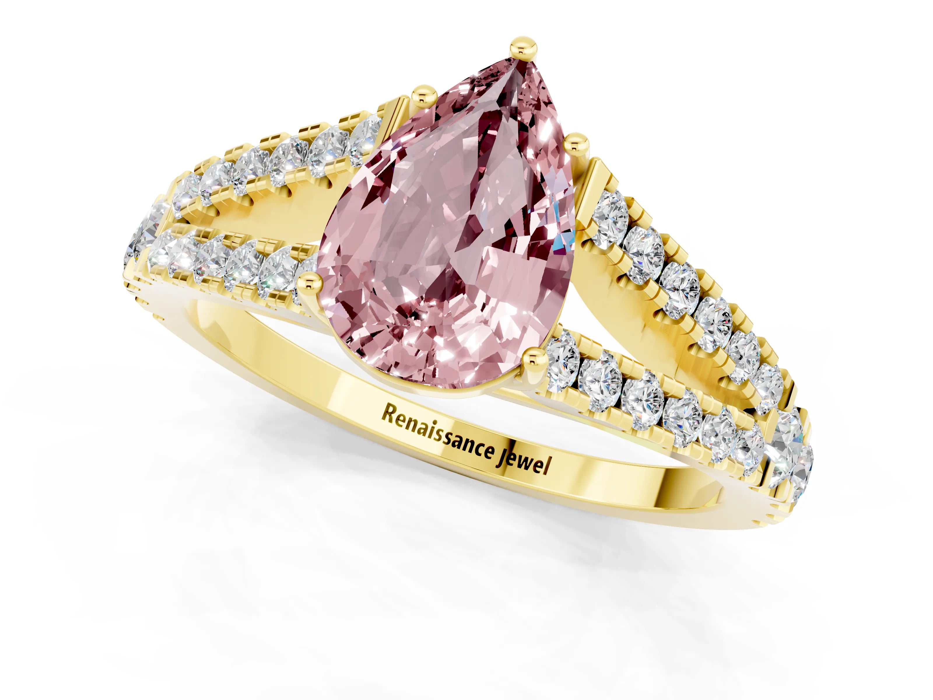 Yellow gold Pear Cut Morganite Split Shank Pavé Engagement Ring with Four-Prong Setting_13