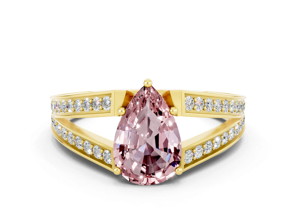 Yellow gold Pear Cut Morganite Split Shank Ring with Pavé Band and Four-Prong Setting