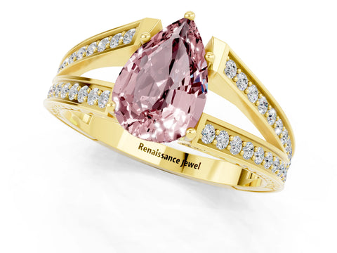 Yellow gold Pear Cut Morganite Split Shank Ring with Pavé Band and Four-Prong Setting_1