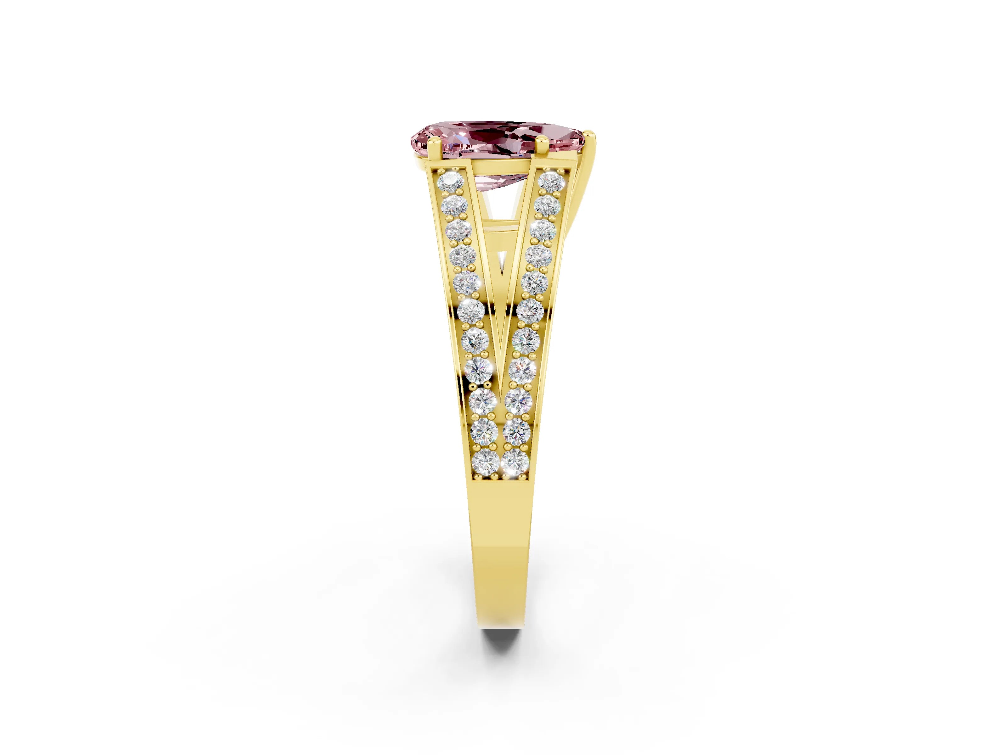 Yellow gold Pear Cut Morganite Split Shank Ring with Pavé Band and Four-Prong Setting_2