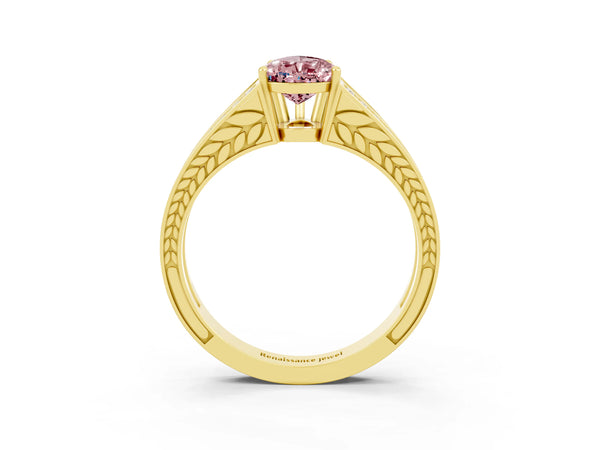 Yellow gold Pear Cut Morganite Split Shank Ring with Pavé Band and Four-Prong Setting