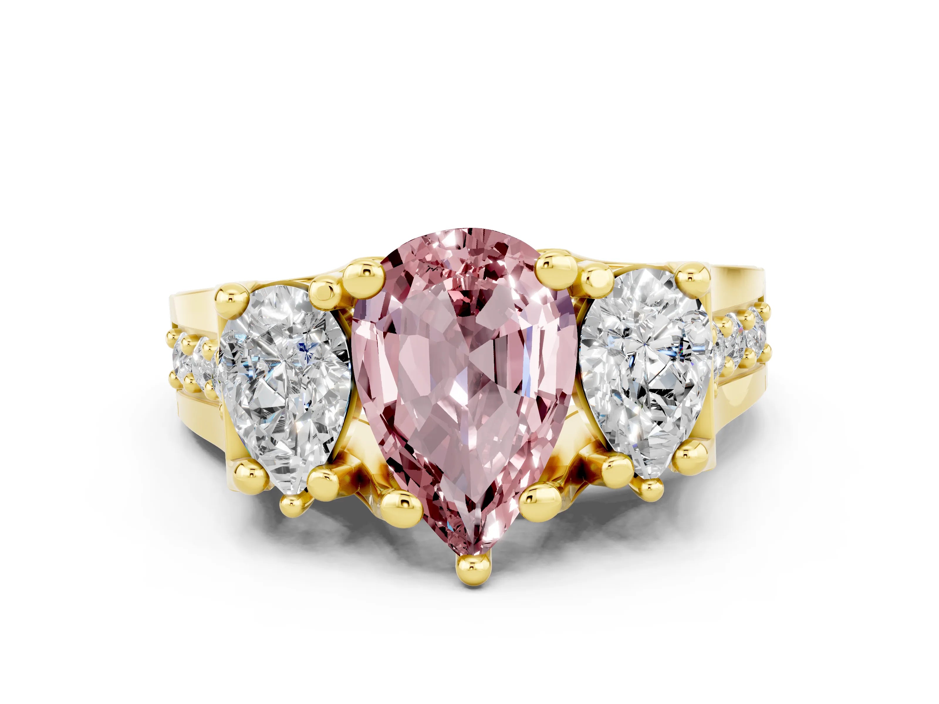 Yellow gold Pear Cut Morganite Three-Stone Ring with Channel Set Band and Four-Prong Setting