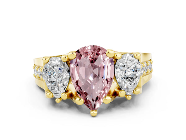 Yellow gold Pear Cut Morganite Three-Stone Ring with Channel Set Band and Four-Prong Setting