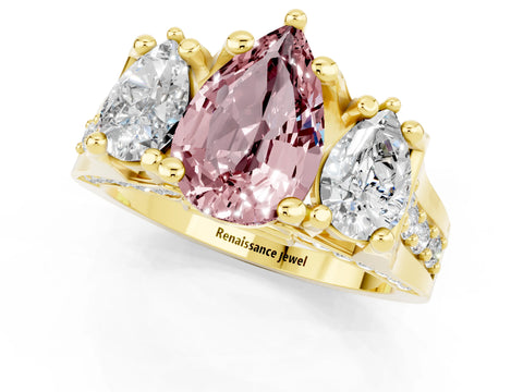 Yellow gold Pear Cut Morganite Three-Stone Ring with Channel Set Band and Four-Prong Setting_1