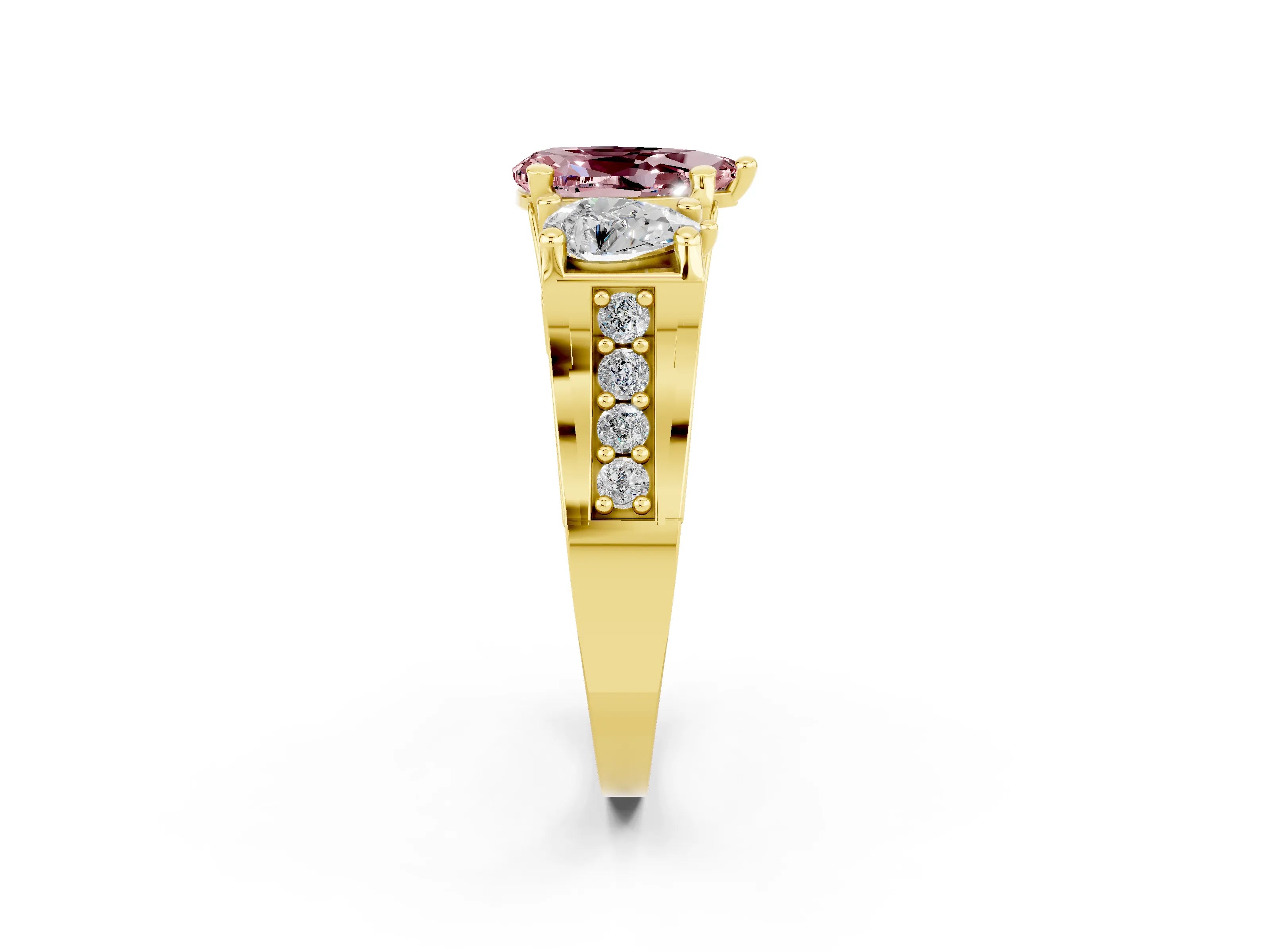 Yellow gold Pear Cut Morganite Three-Stone Ring with Channel Set Band and Four-Prong Setting_2
