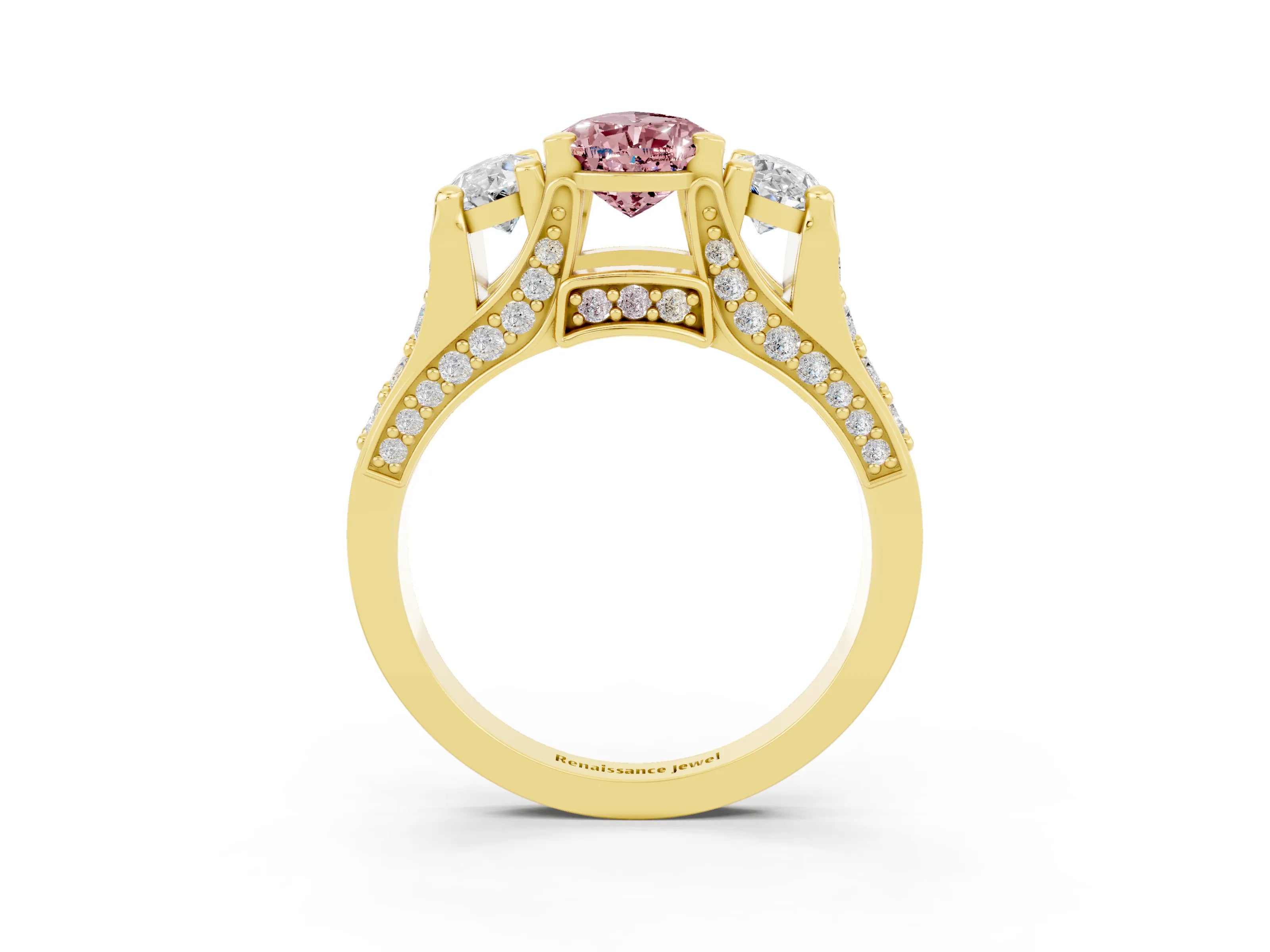 Yellow gold Pear Cut Morganite Three-Stone Ring with Channel Set Band and Four-Prong Setting_3