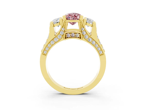 Yellow gold Pear Cut Morganite Three-Stone Ring with Channel Set Band and Four-Prong Setting