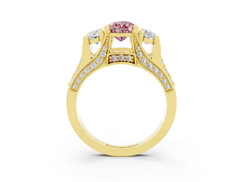 Yellow gold Pear Cut Morganite Three-Stone Ring with Channel Set Band and Four-Prong Setting_3