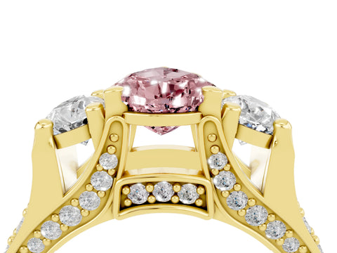 Yellow gold Pear Cut Morganite Three-Stone Ring with Channel Set Band and Four-Prong Setting_4