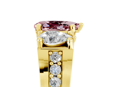 Yellow gold Pear Cut Morganite Three-Stone Ring with Channel Set Band and Four-Prong Setting_5