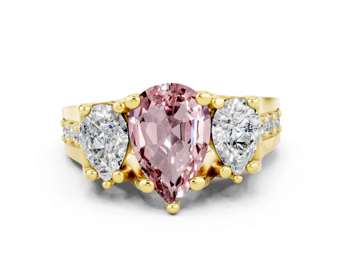 Yellow gold Pear Cut Morganite Three-Stone Ring with Channel Set Band and Four-Prong Setting