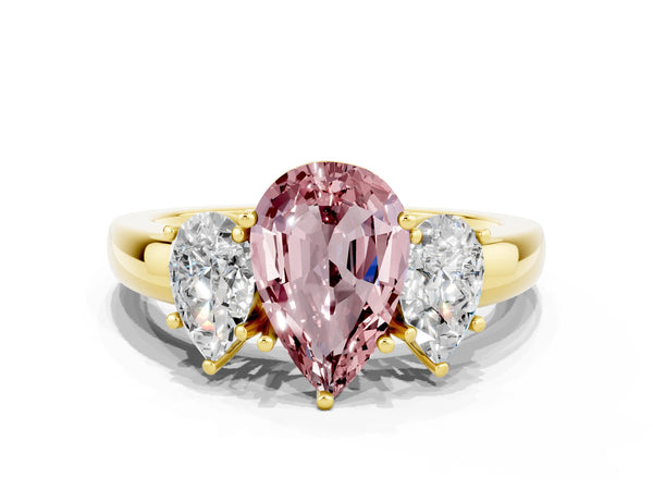 Yellow gold Pear Cut Morganite Three-Stone Ring with Four-Prong Setting and Classic Band