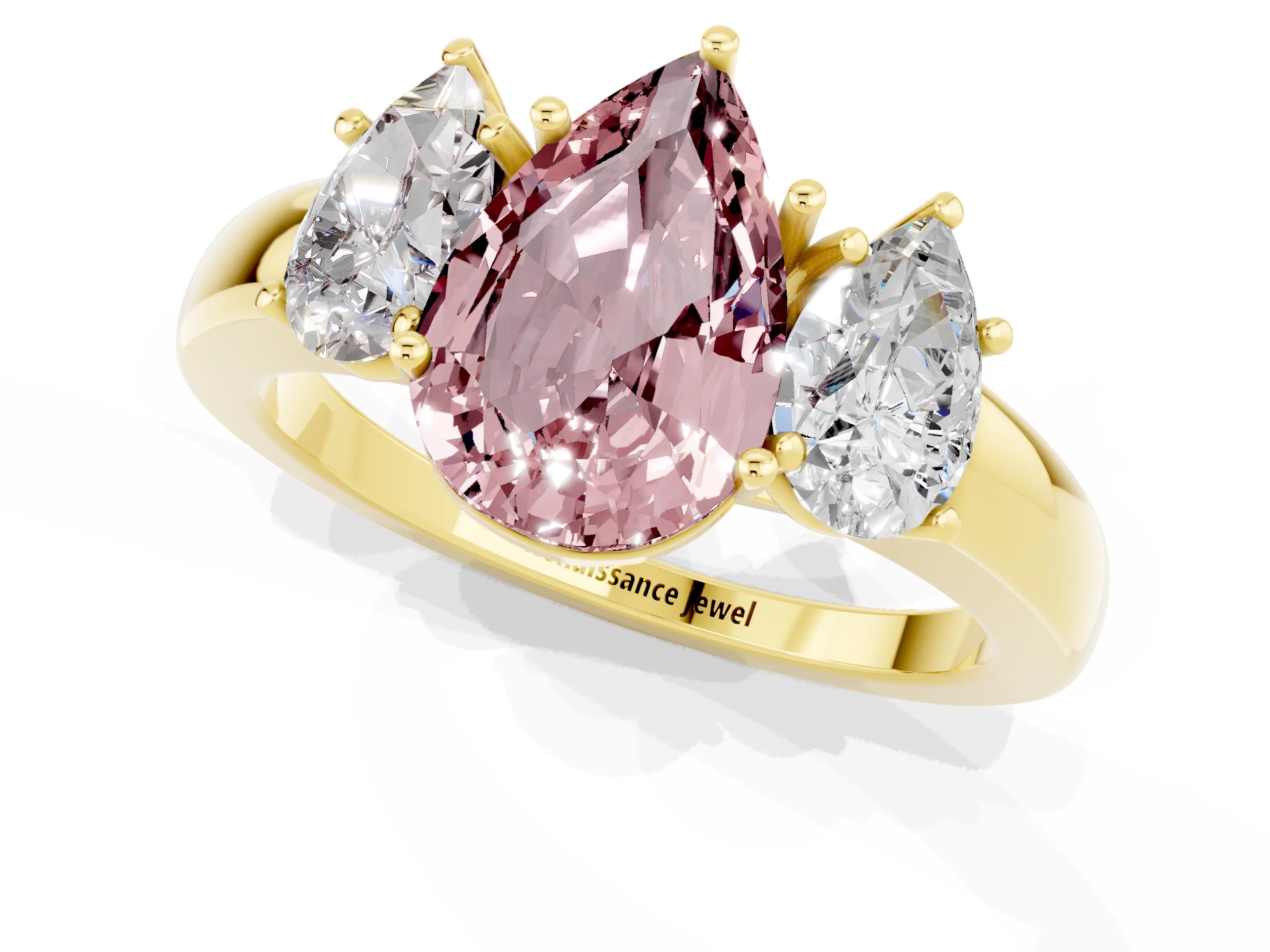 Yellow gold Pear Cut Morganite Three-Stone Ring with Four-Prong Setting and Classic Band_1