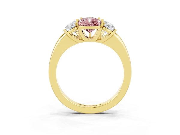 Yellow gold Pear Cut Morganite Three-Stone Ring with Four-Prong Setting and Classic Band