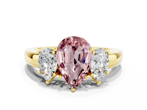 Yellow gold Pear Cut Morganite Three-Stone Ring with Four-Prong Setting and Classic Band