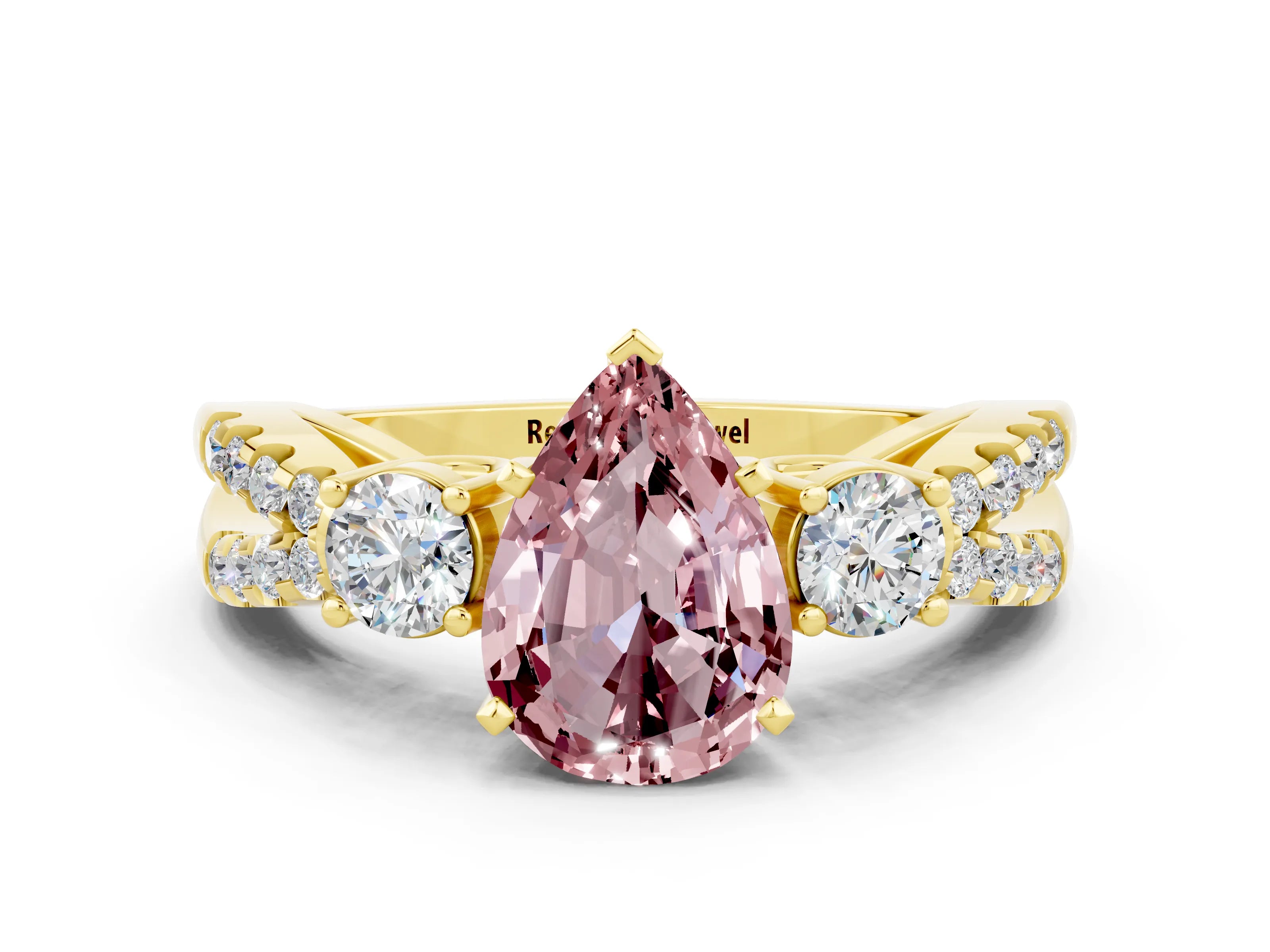 Yellow gold Pear Cut Morganite Three-Stone Ring with Pavé Split Shank and Four-Prong Setting_12
