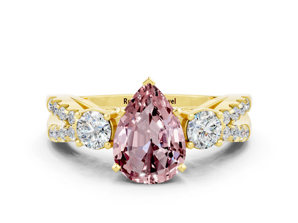Yellow gold Pear Cut Morganite Three-Stone Ring with Pavé Split Shank and Four-Prong Setting