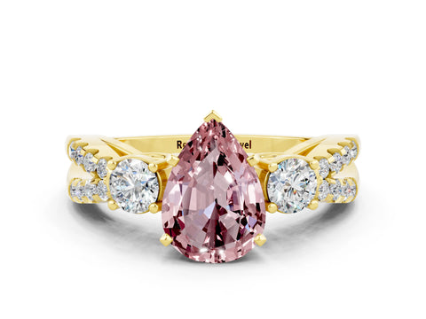 Yellow gold Pear Cut Morganite Three-Stone Ring with Pavé Split Shank and Four-Prong Setting_12