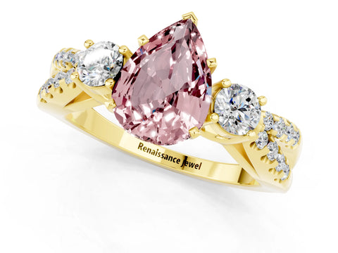 Yellow gold Pear Cut Morganite Three-Stone Ring with Pavé Split Shank and Four-Prong Setting_13