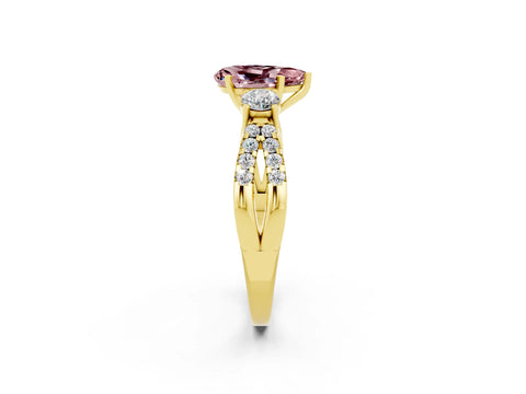 Yellow gold Pear Cut Morganite Three-Stone Ring with Pavé Split Shank and Four-Prong Setting_14