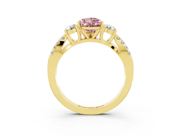 Yellow gold Pear Cut Morganite Three-Stone Ring with Pavé Split Shank and Four-Prong Setting