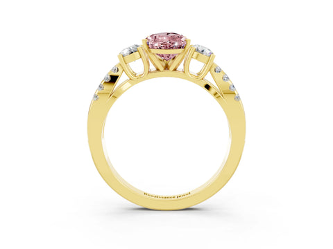 Yellow gold Pear Cut Morganite Three-Stone Ring with Pavé Split Shank and Four-Prong Setting_15