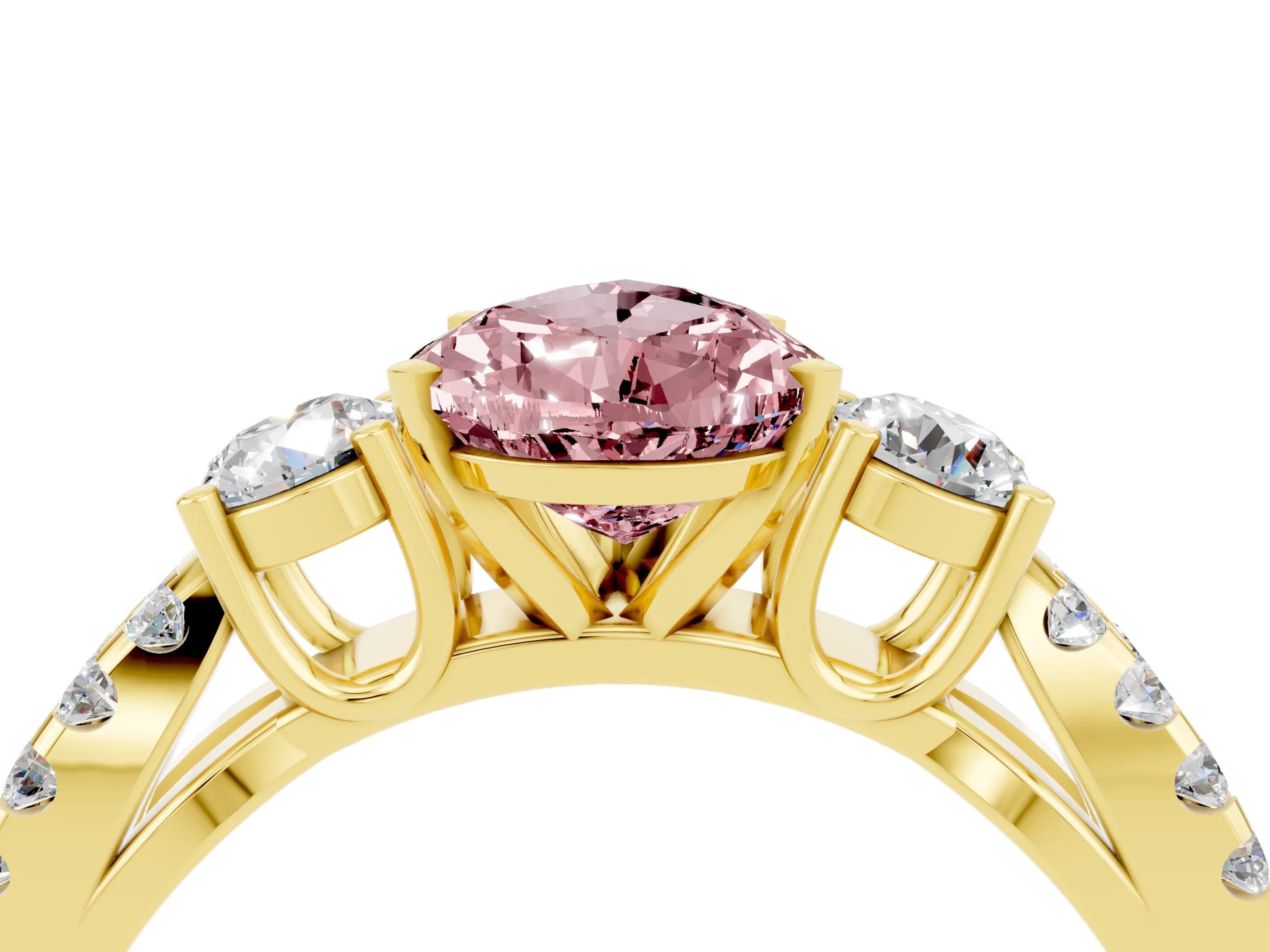 Yellow gold Pear Cut Morganite Three-Stone Ring with Pavé Split Shank and Four-Prong Setting_16