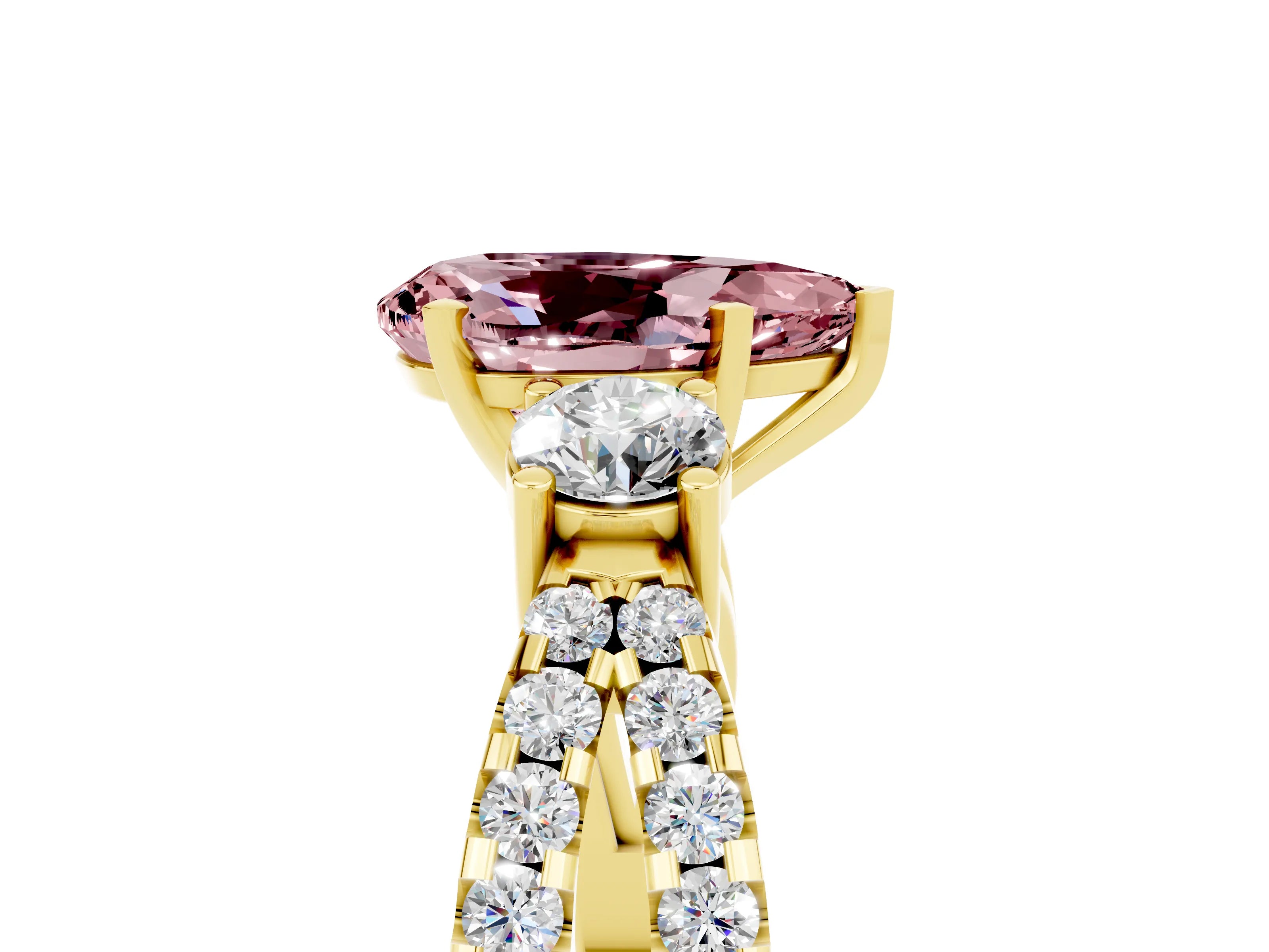 Yellow gold Pear Cut Morganite Three-Stone Ring with Pavé Split Shank and Four-Prong Setting_17