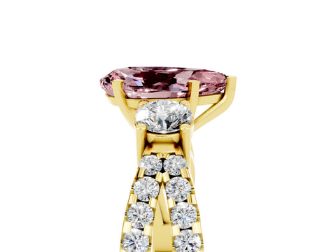 Yellow gold Pear Cut Morganite Three-Stone Ring with Pavé Split Shank and Four-Prong Setting_17