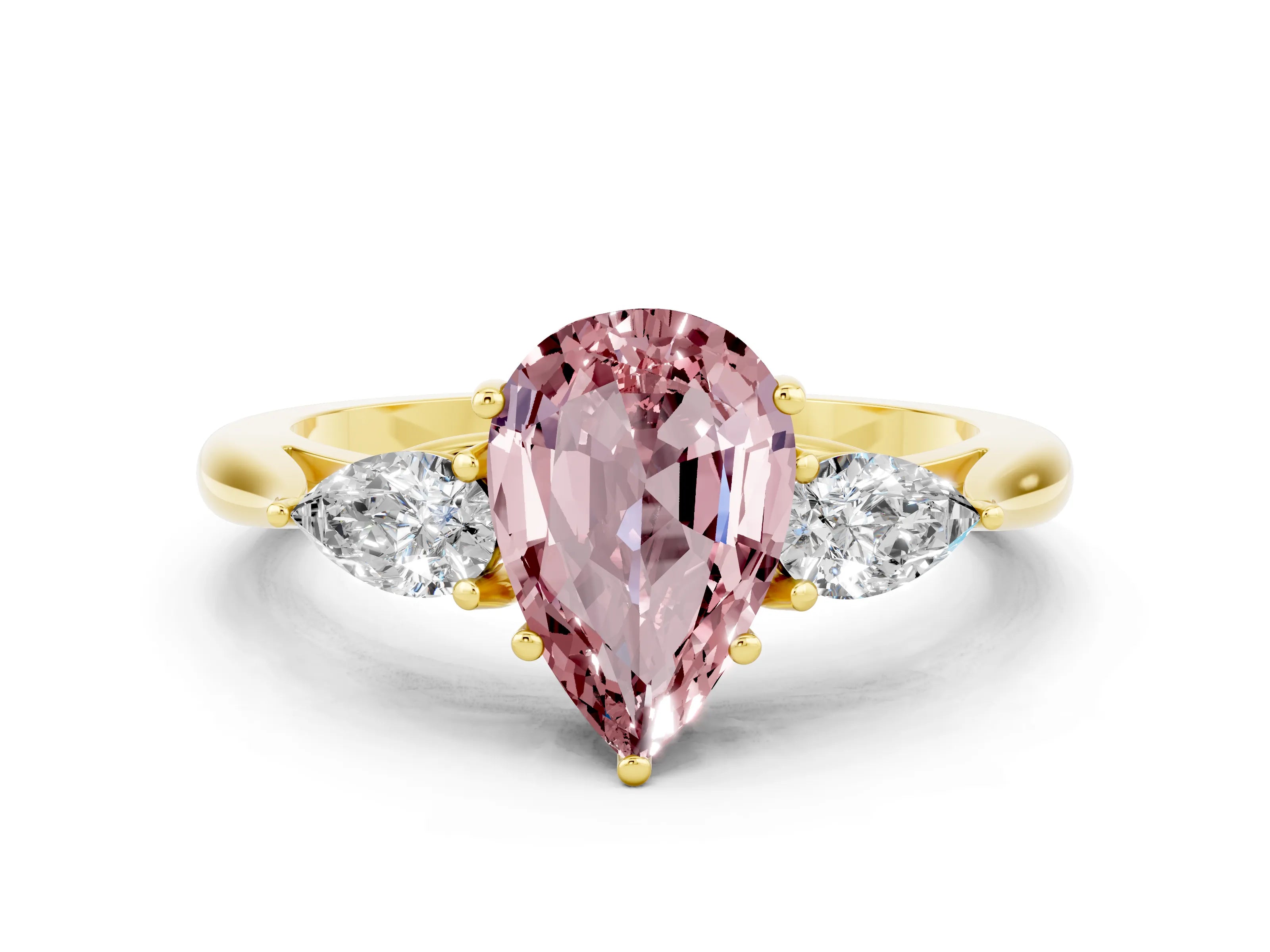 Yellow gold Pear Cut Morganite Three-Stone Ring with Pear Side Stones and Four-Prong Setting_12