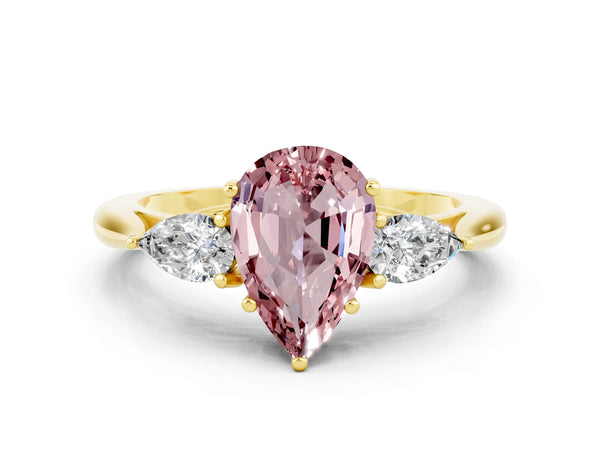Yellow gold Pear Cut Morganite Three-Stone Ring with Pear  Side Stones and Prong Setting