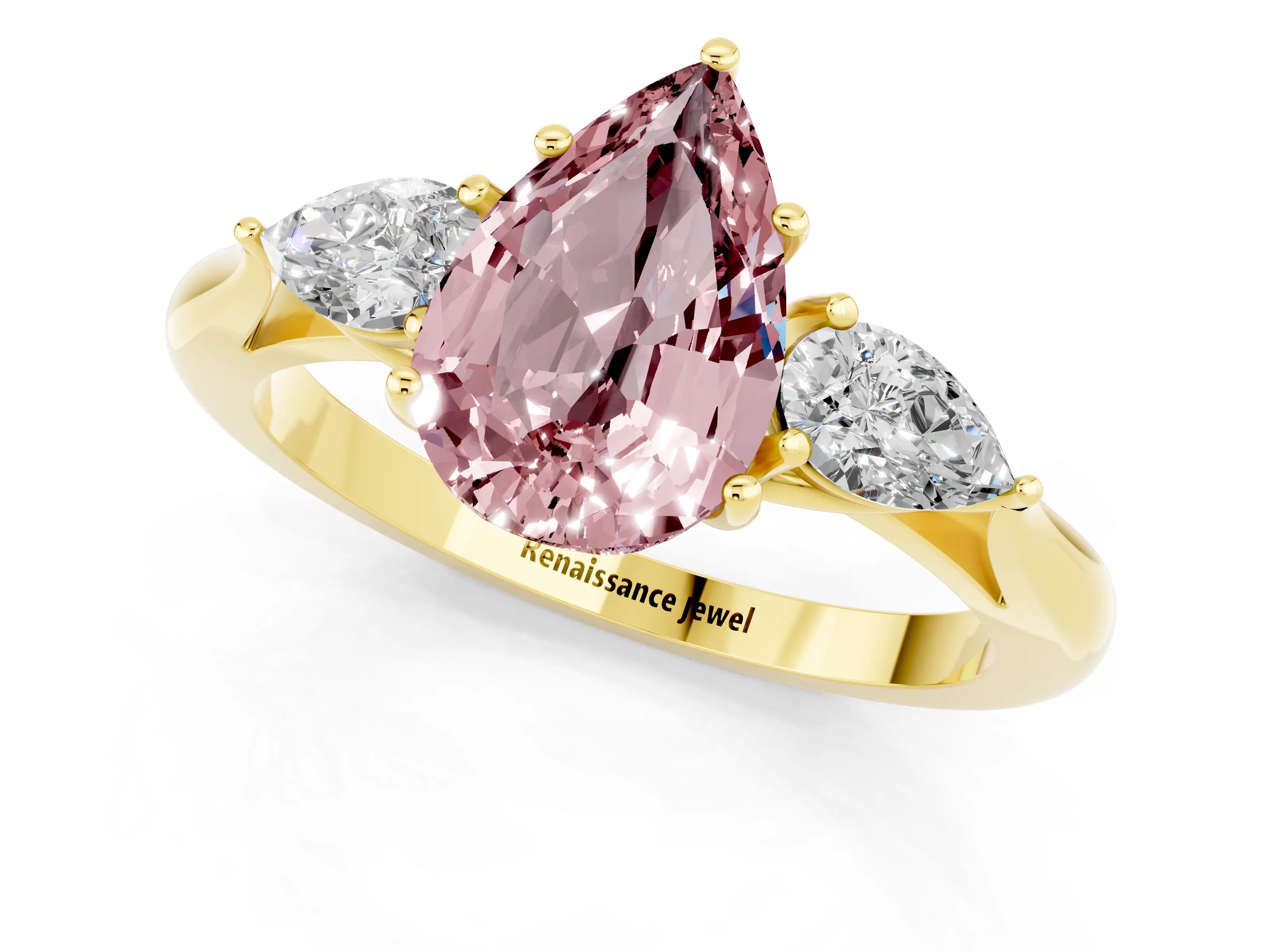 Yellow gold Pear Cut Morganite Three-Stone Ring with Pear Side Stones and Four-Prong Setting_13