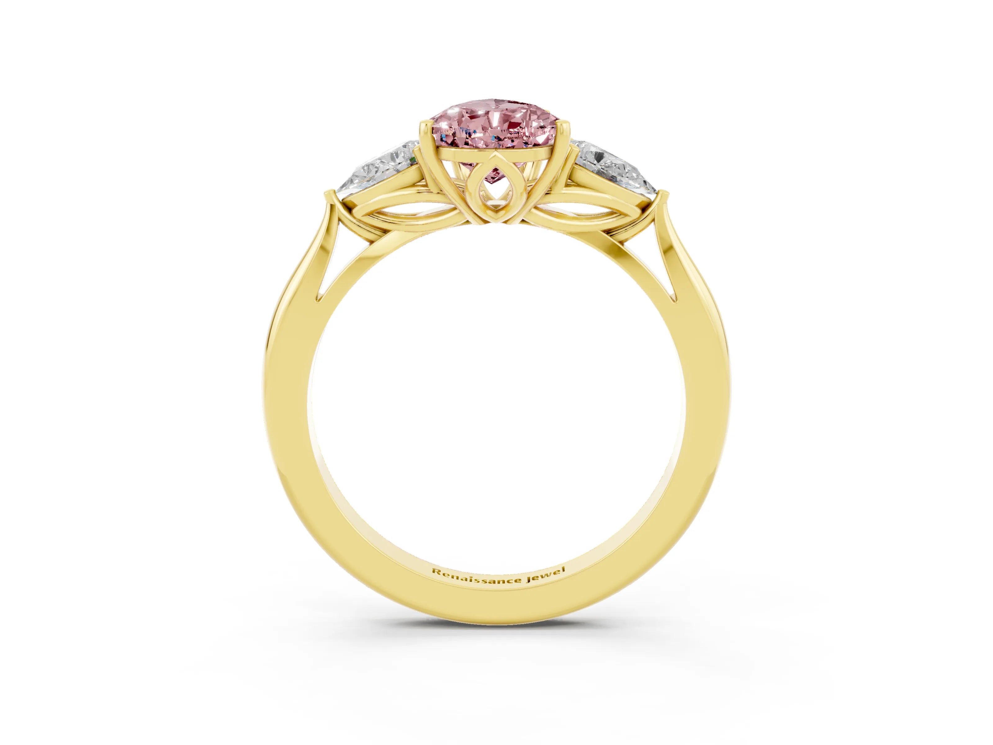 Yellow gold Pear Cut Morganite Three-Stone Ring with Pear Side Stones and Four-Prong Setting_15
