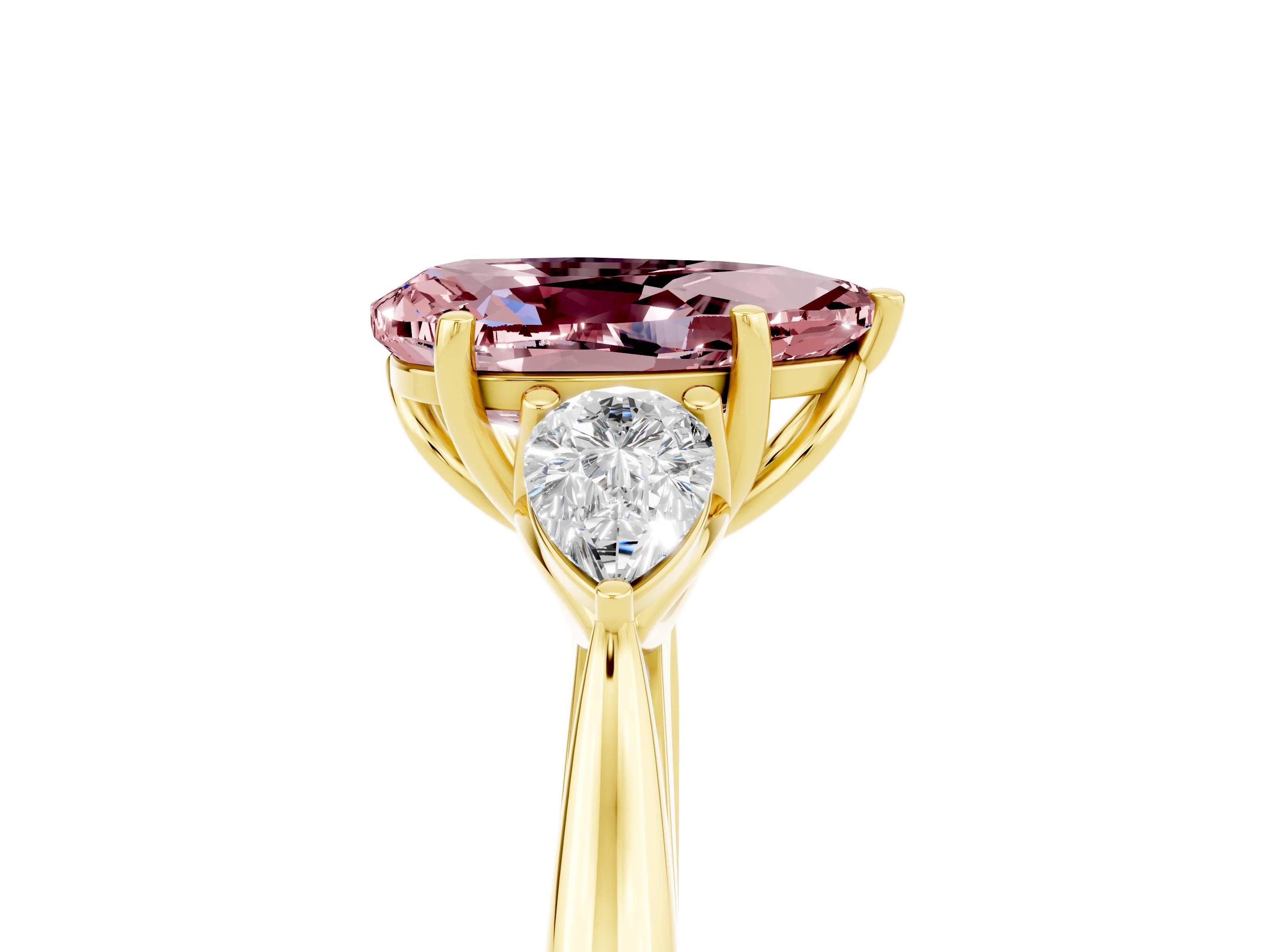 Yellow gold Pear Cut Morganite Three-Stone Ring with Pear Side Stones and Four-Prong Setting_17