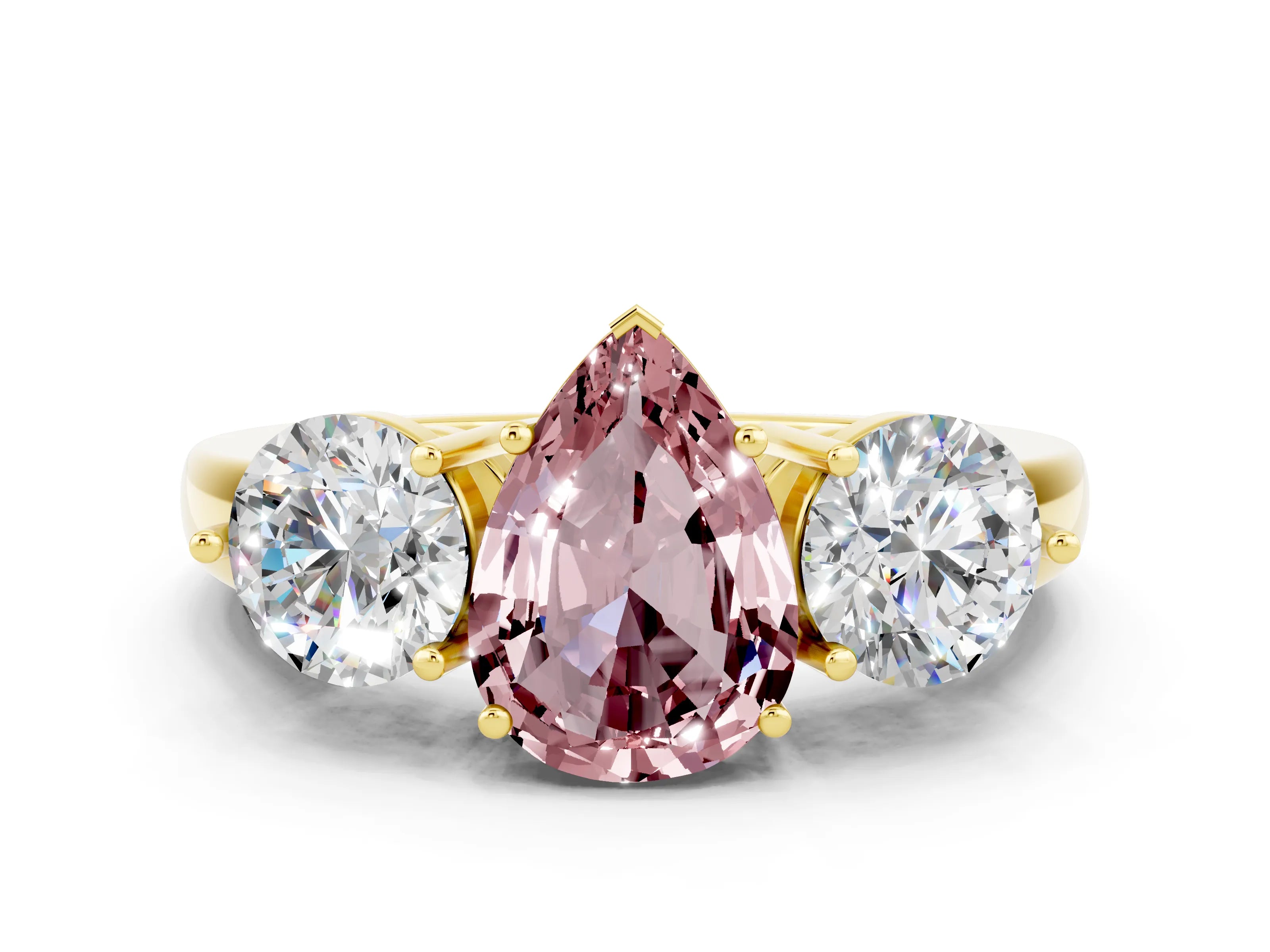 Yellow gold Pear Cut Morganite Three-Stone Ring with Prong Setting and Classic Band