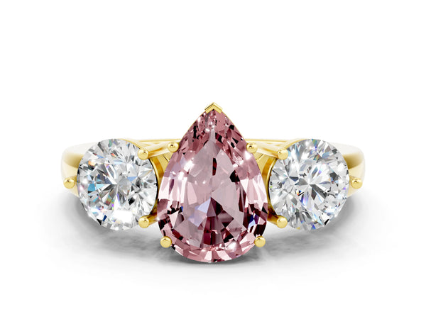 Yellow gold Pear Cut Morganite Three-Stone Ring with Prong Setting and Classic Band