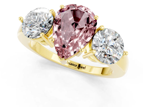 Yellow gold Pear Cut Morganite Three-Stone Ring with Prong Setting and Classic Band