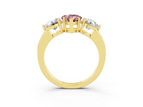 Yellow gold Pear Cut Morganite Three-Stone Ring with Prong Setting and Classic Band
