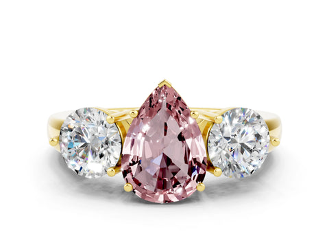 Yellow gold Pear Cut Morganite Three-Stone Ring with Prong Setting and Classic Band