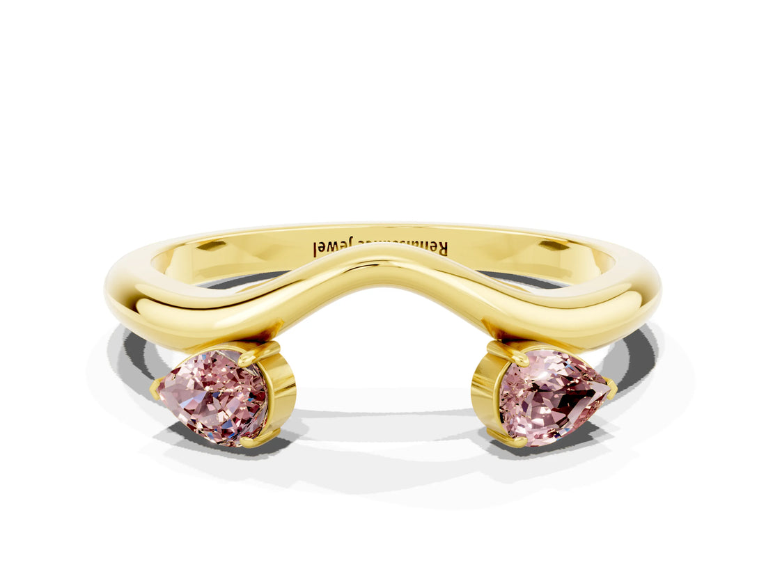 Yellow gold Pear Cut Morganite Two-Stone Open Band Ring with Prong Setting_6