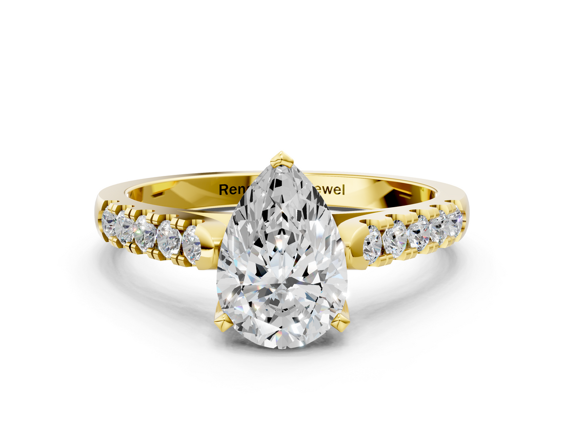 Yellow gold Pear Cut Pavé Band Solitaire Ring with Four-Prong Setting_142