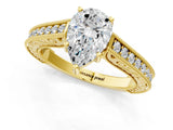 Yellow gold Pear Cut Pave Band Milgrain Solitaire Ring_17