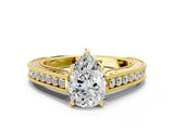 Yellow gold Pear Cut Pave Band Milgrain Solitaire Ring_28